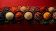 A row of bowls filled with various types of beans and other legumes. The beans are spread out in different colors and sizes, creating a visually appealing, diverse display. red flat color background