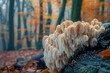 Lion Mane Mushrooms in Forest, Blurred Background, Copy Space, Bearded Mane in Forest
