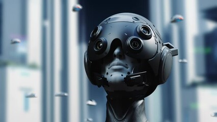 Wall Mural - the robot puts on a helmet with a transformation effect and looks at the buildings of the city, look