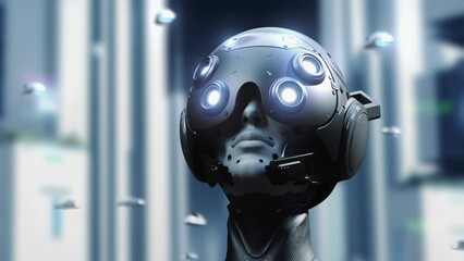 Wall Mural - the robot puts on a helmet with a transformation effect and looks at the buildings of the city, look