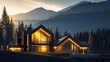 Rustic mountain lodge at sunset, scenic, travel, nature