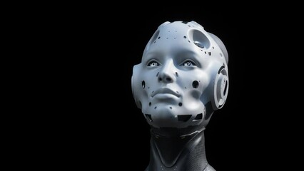 Wall Mural - the robot woman looks up at the sky. the concept of artificial intelligence and the future