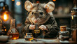 A mouse, a hamster alchemist with test tubes in his hands conducts experiments in the laboratory with a vaccine.