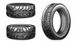 Tracks of black car tires on a dirt road or dirt surface. Footage from grungy tire treads isolated on white background. Modern graphic set of tread marks in top view and perspective view.