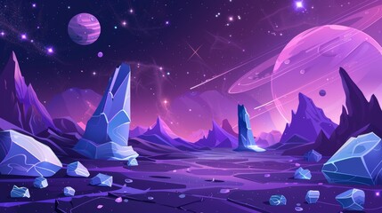 Wall Mural - purple planet landscape, stars, satellites, alien planets in the sky. modern cartoon illustration of
