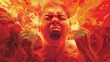 Fiery wrath incarnate, a person overcome with rage, engulfed in the flames of fury, red color