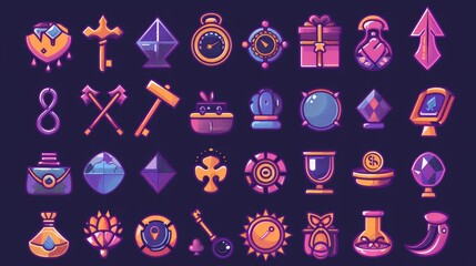 Wall Mural - A set of cartoon icons for the gui of a rpg game containing keys, clocks, playing cards, money, and gear, diamonds, gifts, hammers, magnets, bombs and hourglasses.