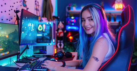 Canvas Print - A young woman with blue hair and white highlights sits at her gaming setup in front of the monitor playing video games. She is smiling as she plays on her keyboard