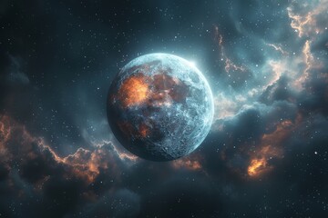 realistic depiction of a celestial planet imposingly surrounded by majestic cosmic clouds, evoking m