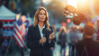 © petrrgoskov - Field Reporter Live on Election Day in the City, A female field reporter, with microphone in hand, reports live on the bustling streets during Election Day, framed by American flags.