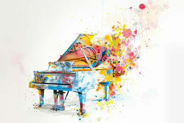 Wall Mural - Colorful piano splashed with flora illustration isolated on white background