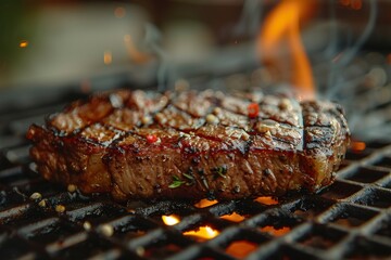 Wall Mural - Vibrant flames lick a sizzling steak, grilled to perfection with spices and herbs in view