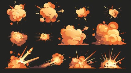 Wall Mural - An animation sprite sheet of a bomb explosion sequence. Modern 2D cartoon illustration of dynamite blast, fire explosion and explosion of a rocket.