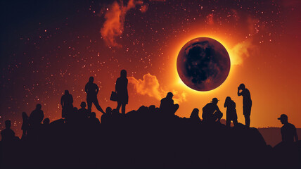 Wall Mural - a group of people are gathered on a hillside to watch the sun set. sky is orange and the sun is sett