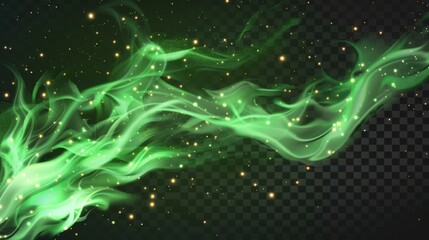 Wall Mural - An overlay effect of green fire sparks on a transparent background. Abstract burning campfire, magic glow, random embers in the air, realistic modern illustration.
