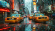 Taxis on raining street scene seen through a wet window with droplets