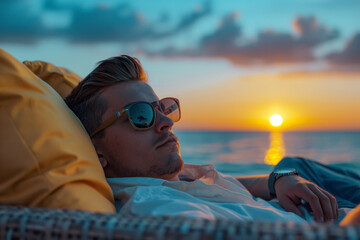 Stylish young man with sunglasses laying on beach couch under blue clear sky on the background of the ocean and sunset