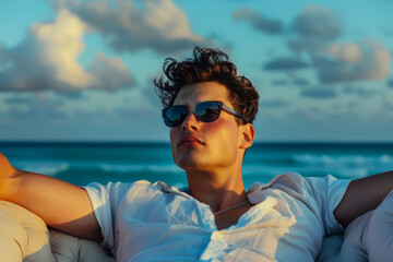 Stylish young man with sunglasses laying on beach couch under blue clear sky on the background of the ocean and sunset