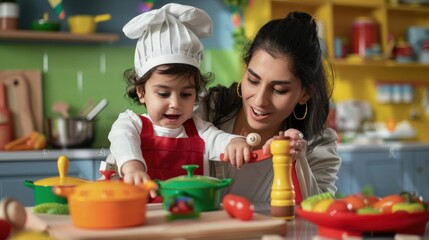 A mother and child playing with a toy chef's kit.