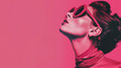 © Luna Scarlet - Woman in turtle neck and oversized sunglasses looking up. High-contrast studio portrait with a magenta background. Fashion and elegance concept. Design for magazine cover, fashion editorial, and brand