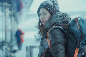 Young beautiful woman passenger wearing jacket and have a backpack, walking from the airport terminal outside at winter