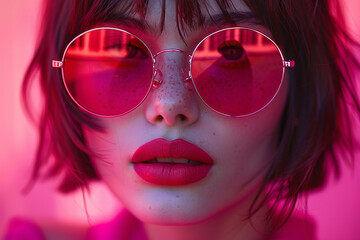 Wall Mural - woman in sunglasses, Woman with short hair wearing round pink sunglasses. Close-up studio portrait with pink neon lighting. Fashion and beauty concept. Design for poster, banner, and beauty industry