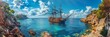 Pirate Ship Island View, Wooden Ancient Frigate, Mediterranean Piracy