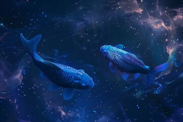  Pisces Zodiac Sign, Fish Horoscope Symbol, Two Magic Astrology Fishes, Pisces in Fantastic Night Sky