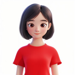 Wall Mural - portrait of cute smiling brunette girl with short hair in red t-shirt. Teen character 3d render avatar minimal style on white background