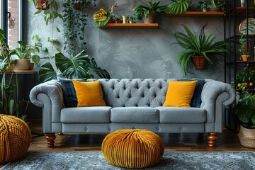 An inviting living room setup with a classic gray tufted sofa adorned with bright yellow accent cushions, surrounded by lush green plants