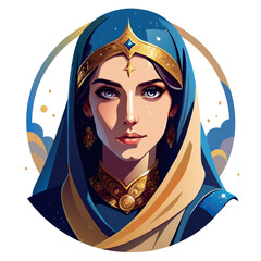 Sticker - A woman with a blue head scarf and gold earrings. She has a blue dress and a gold necklace