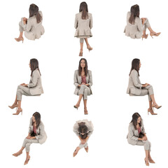 set of orthographic isometric views of business woman in suit sitting and looking ahead. full body i