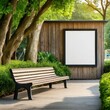 bench in the park.A chic street corner featuring a mock-up of a blank billboard and poster frame affixed to a wooden wall, with a contemporary bench providing seating for pedestrians. The minimalist d