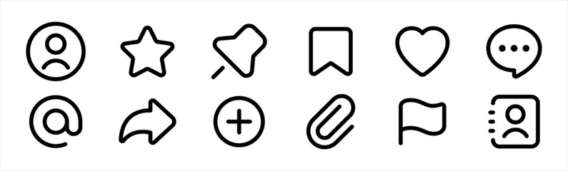 Social media interface icon set in line style. like, unlike, comment, share, message, thumb, favorite, bookmark, and save simple black style symbol sign for apps and website, vector illustration.