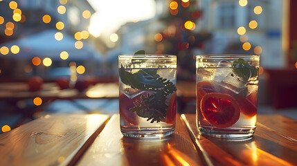 Canvas Print - Glasses of Liquid on Wooden Table