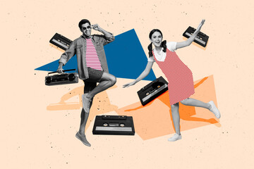 Poster - Composite photo collage of happy girl guy retro party tape cassette music dance boombox stereo melody rest isolated on painted background