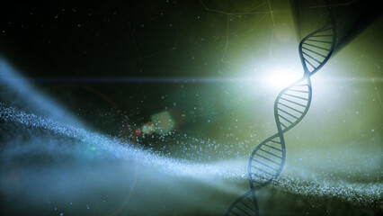 Wall Mural - futuristic shining dna cell on dark background with bright light illustration background.