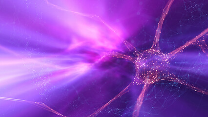 Poster - pink violet colored neuron cell in the brain on glowing pink violet colored illustration background.