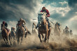 group of riders and horses racing in a grand prix seen from the front kicking up a lot of dust and dirt