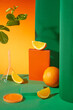 Front view of laboratory theme with orange decorated and funnel, petri dish, empty podium. Advertising photo for product of orange