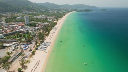 Wall Mural - Aerial view Drone fly over sea with mountains in Phuket island Phuket Thailand,Beautiful clouds nature background,Amazing clouds over sea in sunny day