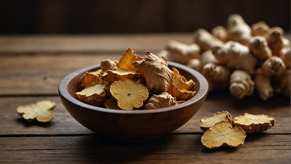 Poster - dried ginger healing herbs on wooden bowl from Generative AI