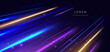 Abstract technology futuristic glowing neon blue and purple light ray with speed motion movingon dark blue background.