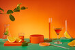 Laboratory instruments and species of orange are arranged on orange background and pastel green table with green leaf decorated. Empty podium and petri dish for displaying products
