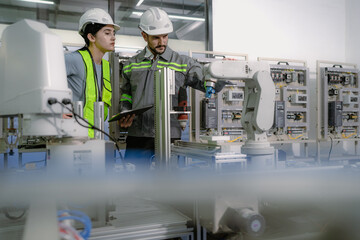 Wall Mural - hispanic engineer team working at electronic and robotics development engineering laboratory. smart 