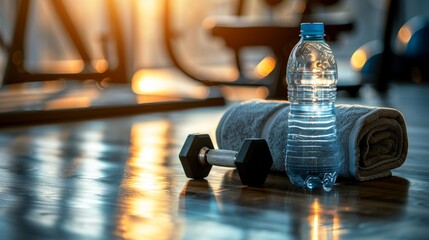 Dumbbell, water bottle, towel on the gym floor with copy space.