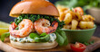 A gourmet burger with a grilled patty topped with cooked shrimps, garnished with fresh green leaves on a sesame seed bun, served with a bowl of additional shrimps.