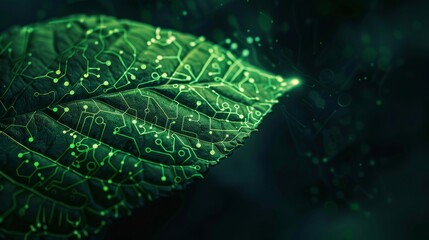 Leaf with vibrant green veins, made of circuit board patterns against a dark background, symbolizing the intersection of nature and technology in a sustainable future.
