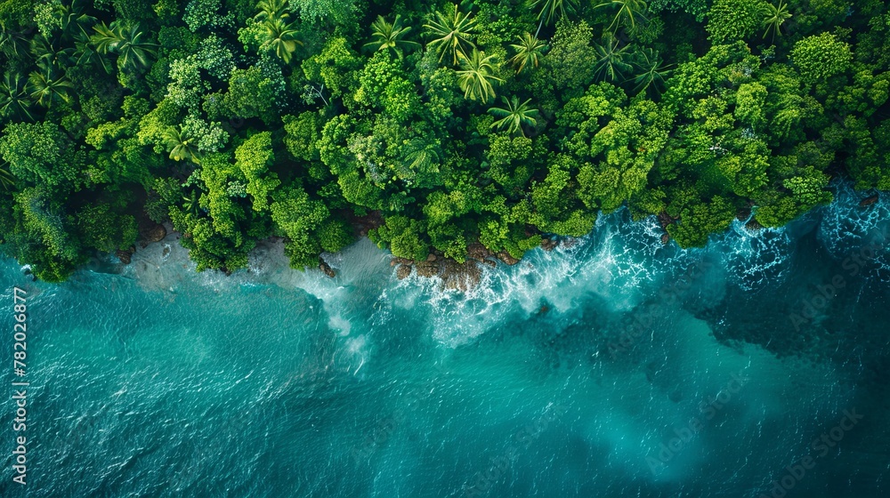 Drone perspective of a coastal rainforest meeting the ocean, showcasing ...