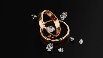 Sticker - Group of diamonds and gold rings falling on a black background. Designed with 3d render animation.